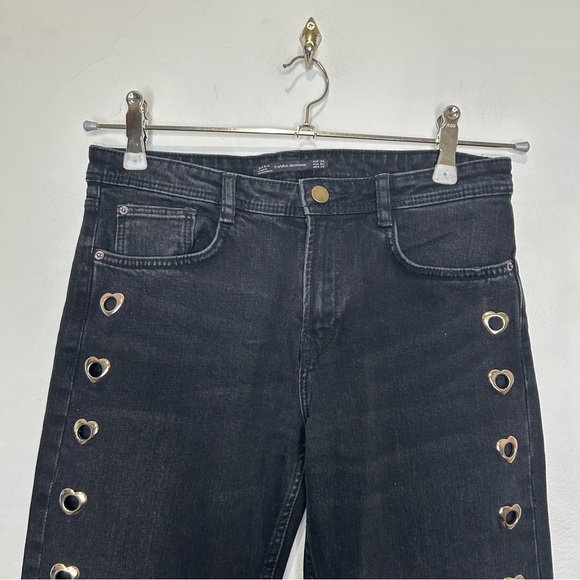 Zara Metal Heart Grommets Ankle Grazer Mid Rise Jeans Raw Hem Black Distressed 2 - Picture 11 of 16